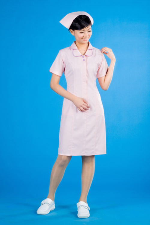 洋裝A37026a // 粉紅色鑲紫邊短袖護師洋裝  |產品目錄|女護理師服|洋裝