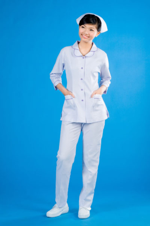 B52017a#白色鑲紫邊七分袖護師褲裝  |產品目錄|女護理師服|套裝(衣+褲)